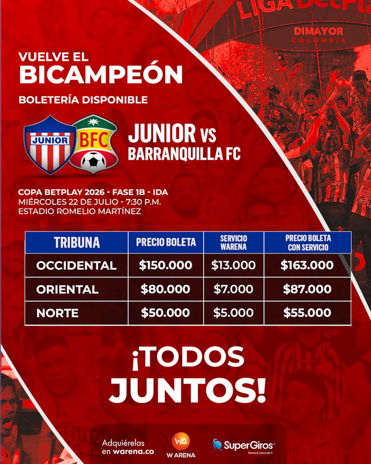 Este es el anuncio del precio de las boletas para el partido entre Junior de Barranquilla y Barranquilla FC por Copa Colombia.//Cortesía @JuniorClubSA.