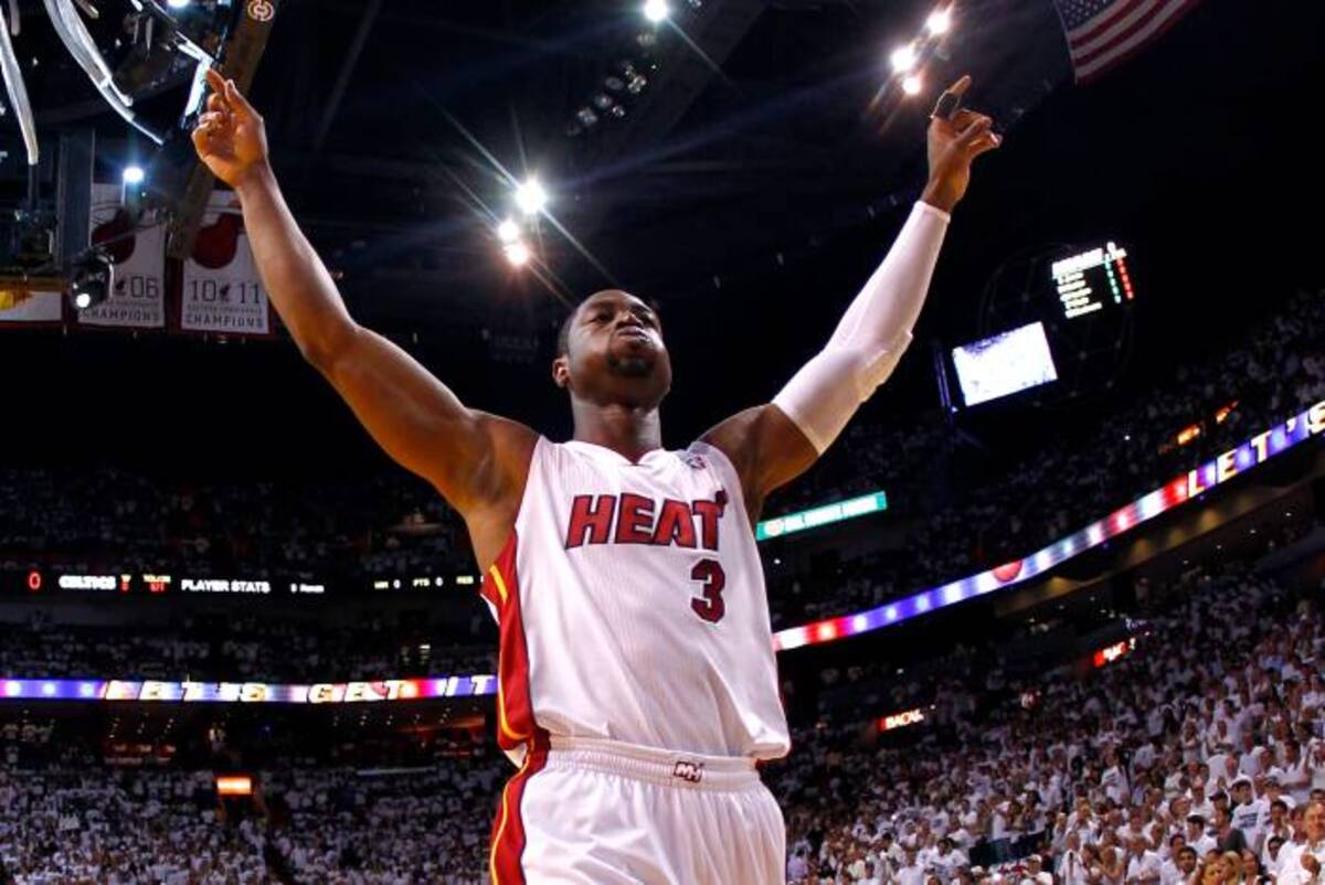 MIAMI, FL - JUNE 09: Dwyane Wade #3 of the Miami Heat reacts before taking on the Boston Celtics in Game Seven of the Eastern Conference Finals in the 2012 NBA Playoffs on June 9, 2012 at American Airlines Arena in Miami, Florida. NOTE TO USER: User expressly acknowledges and agrees that, by downloading and or using this photograph, User is consenting to the terms and conditions of the Getty Images License Agreement. Mike Ehrmann/Getty Images/AFP== FOR NEWSPAPERS, INTERNET, TELCOS & TELEVISION USE ONLY ==
