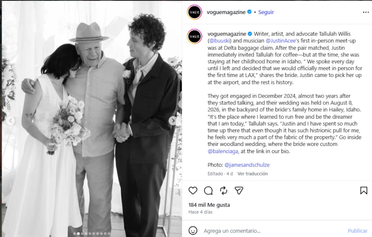 Publicación de Vogue con la imagen de Bruce Willis en la boda de su hija Tallulah. //Foto: IG @voguemagazine.