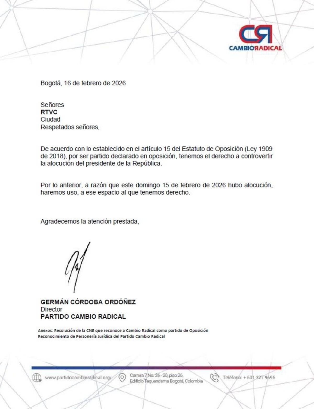 El partido Cambio Radical se pronunció que hará uso del derecho a la replica sobre la alocución del presidente Petro sobre el salario mínimo vital. // Foto: Captura de pantalla sobre el comunicado del partido Cambio Radical.