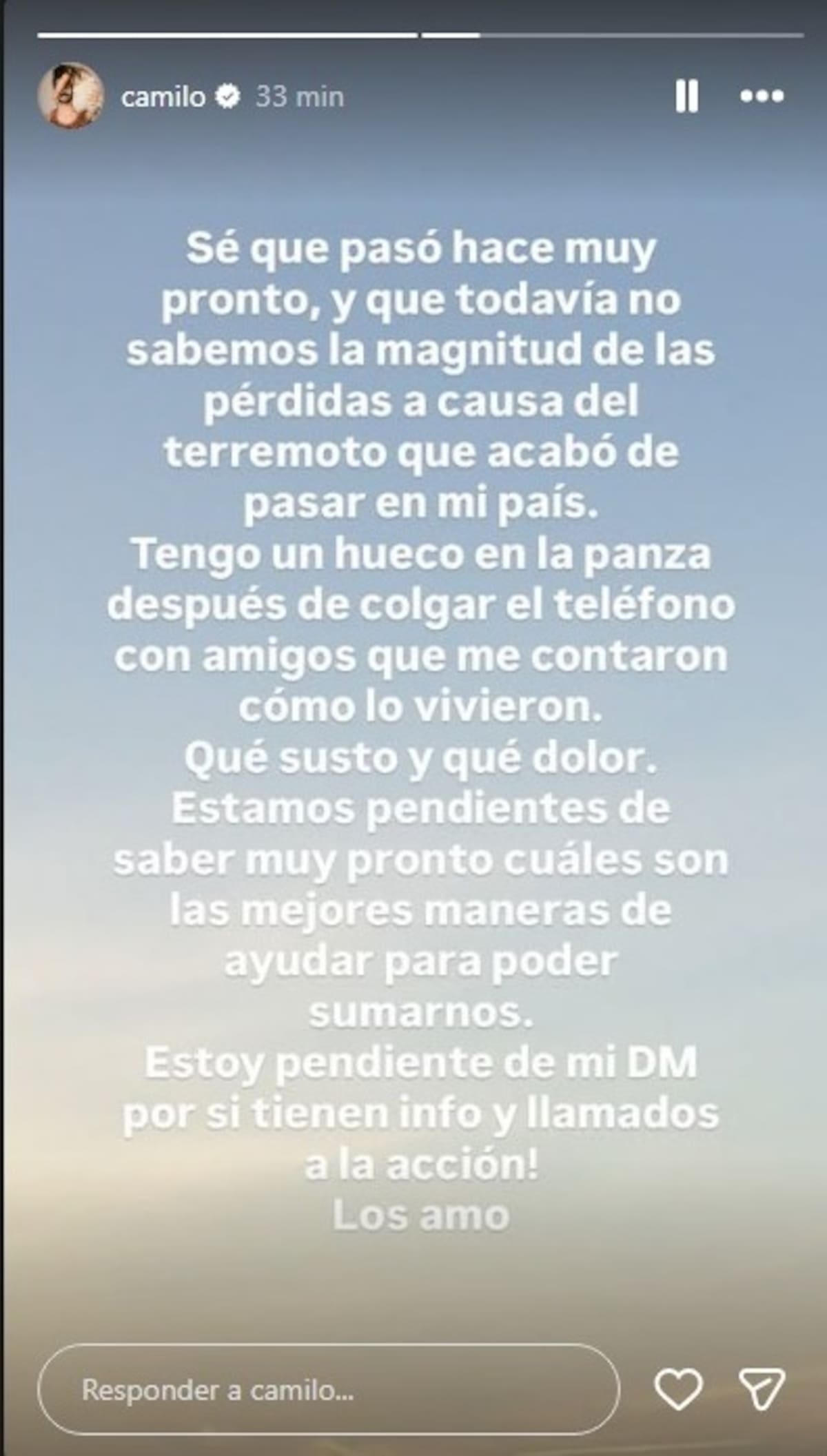 El artista colombiano envió un mensaje de solidaridad a las personas afectadas por el sismo en Colombia. //Foto: captura de pantalla @camilo