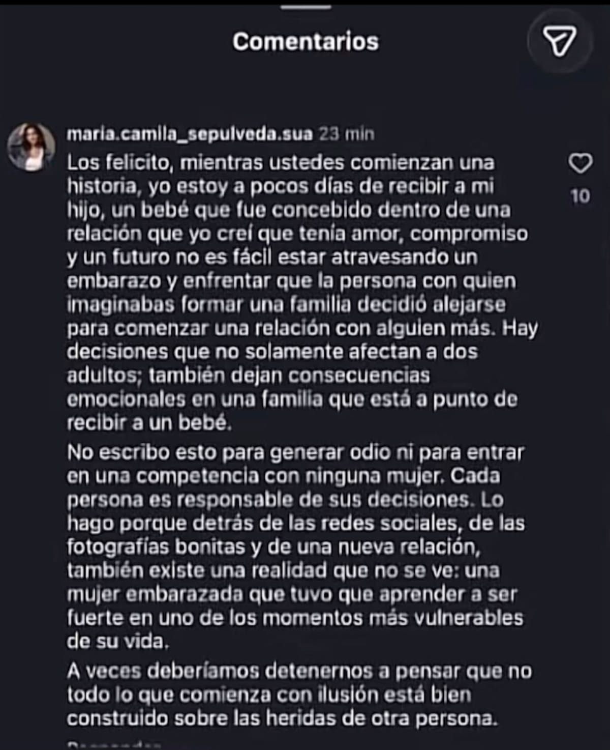 María Camila Sepúlveda comenta bajo publicación de Camilo Cifuentes y La Mijita. //Foto: captura de pantalla.