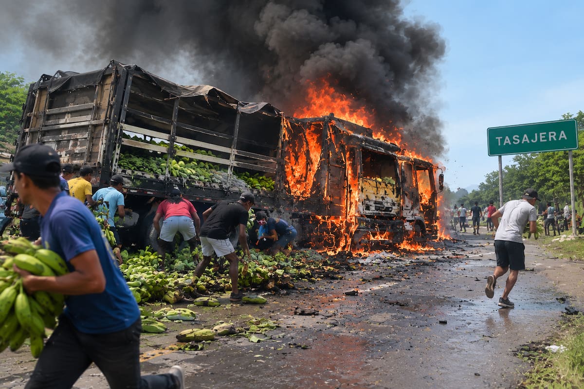 Video: camión cargado de bananos se incendió y explotó mientras era saqueado