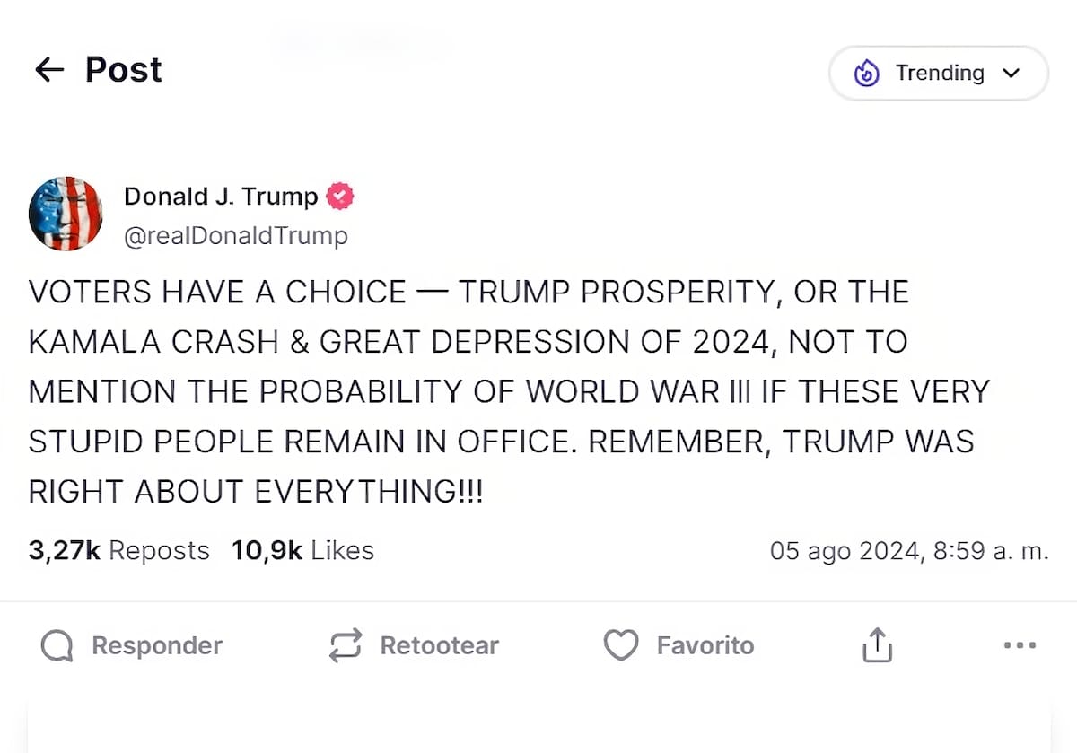 Captura de pantalla de la cuenta de Truth de Donald Trump // Foto sacada de internet