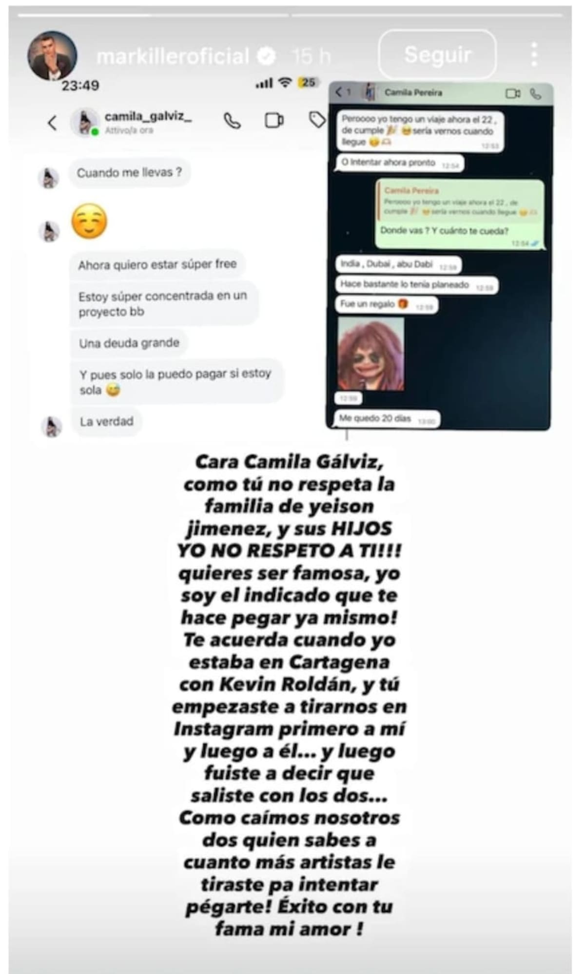 Captura de pantalla de la historia del cantante acusando a Camila Galviz
