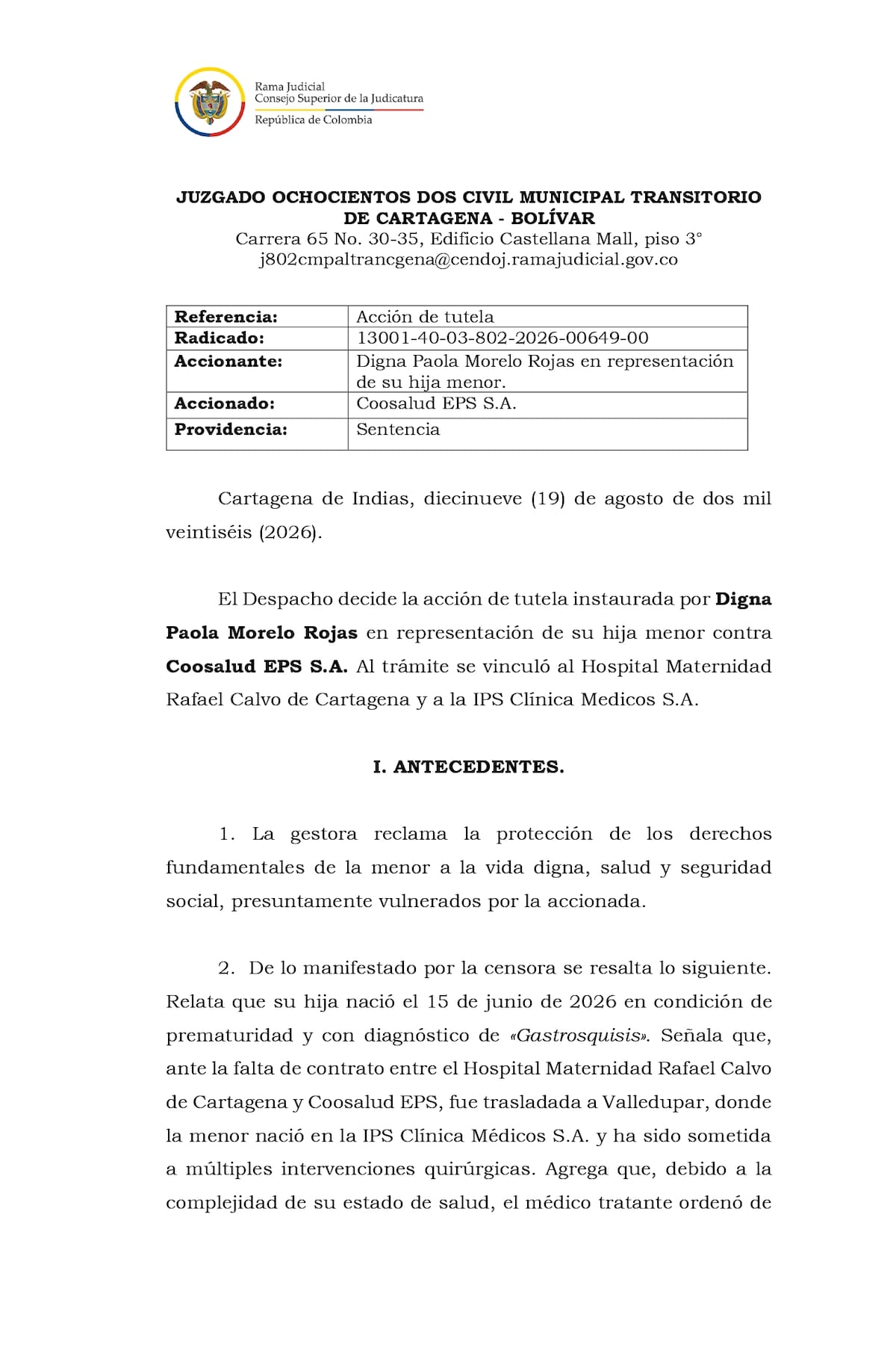 Captura de pantalla de tutela. // cortesía