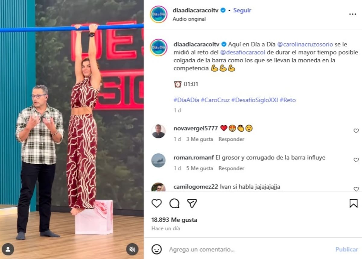 Carolina Cruz participando del reto de la moneda dorada haciendo un tiempo de 01:01 segundo. // captura tomada de red IG @diaadiacaracoltv