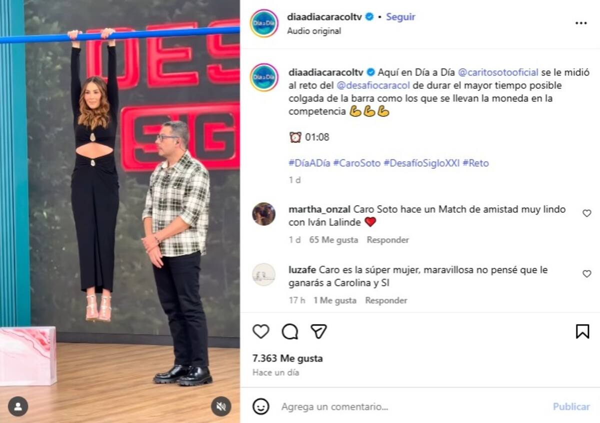 Carolina Soto participando del reto de la moneda dorada haciendo un tiempo de 1:08 segundo. // captura tomada de red IG @diaadiacaracoltv