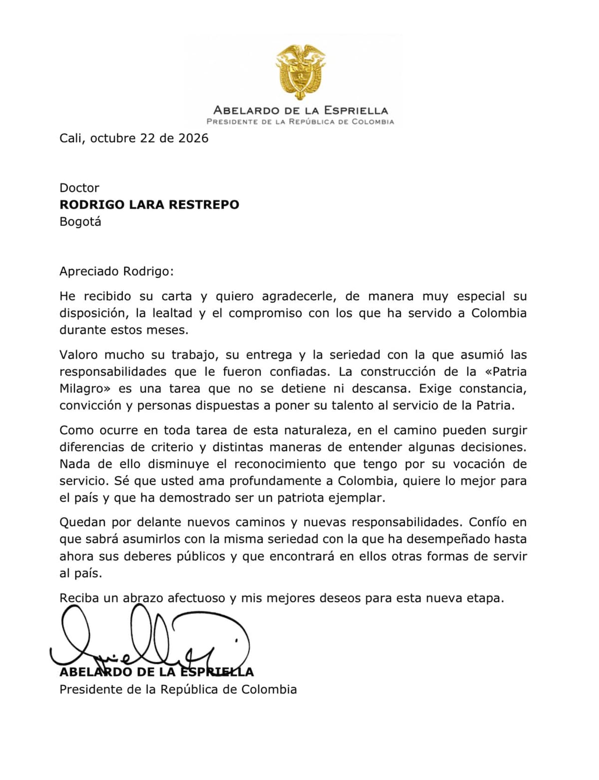 Carta de Abelardo de la Espriella a Rodrigo Lara Restrepo, saliente ministro del Interior. // Foto: tomada de X @ABDELAESPRIELLA.