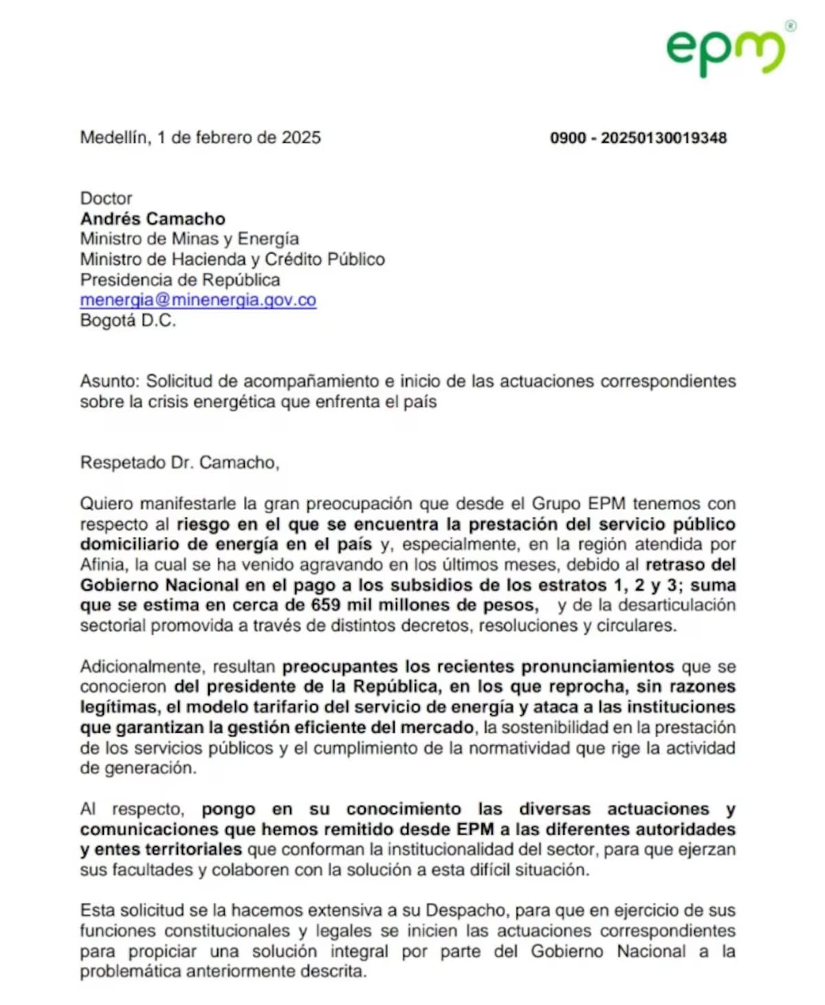 Carta de EPM al Ministerio de Minas y Energía. // Foto: tomada de internet