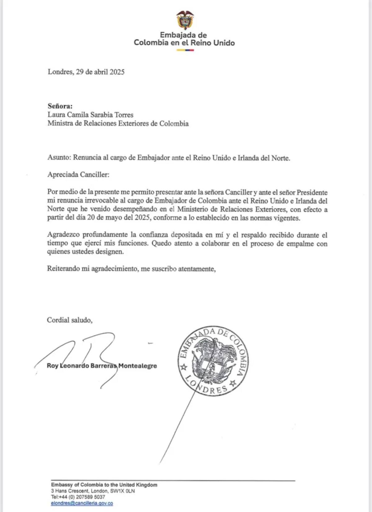 Carta de renuncia de Roy Barreras enviada a la Cancillería. // Foto: tomada de internet