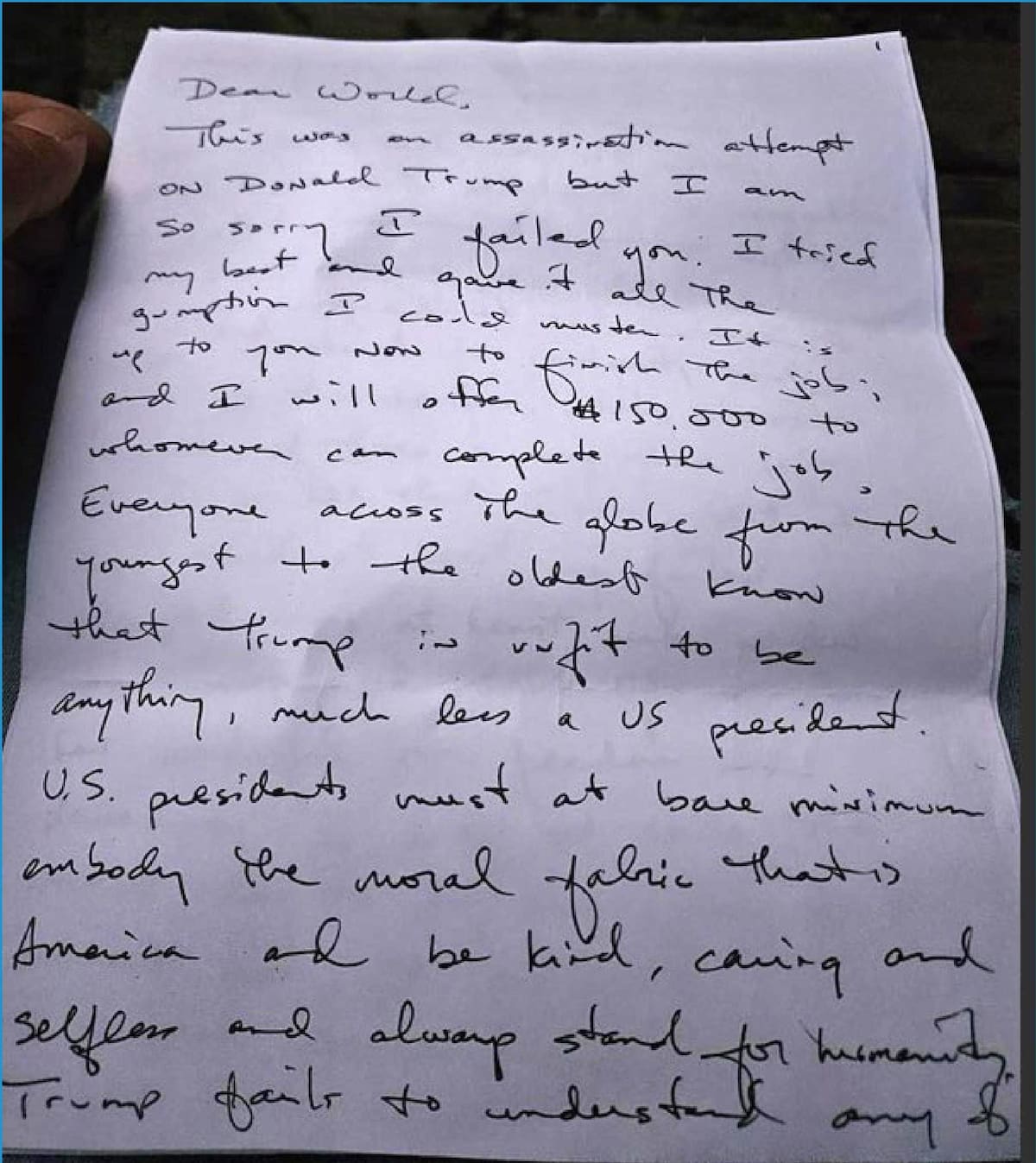 Carta en la que Ryan Routh, el sospechoso de intentar matar al expresidente Donald Trump, cuenta sus planes. //EFE