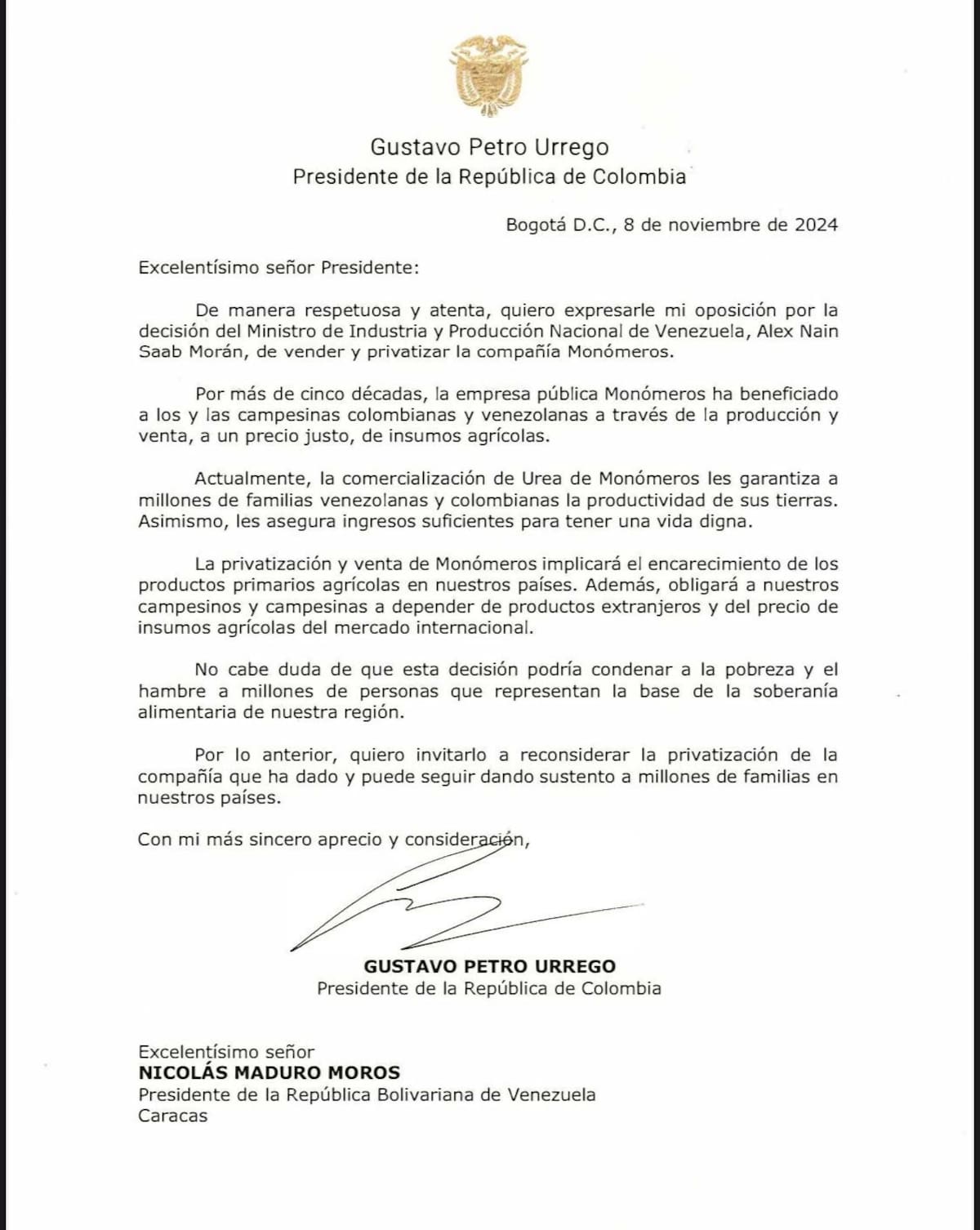 Carta que el presidente de Colombia, Gustavo Petro, envió al presidente de Venezuela, Nicolás Maduro, para que suspenda la venta de la empresa Monómeros Colombo Venezolano S.A., ubicada en Barranquilla.//Cortesía.
