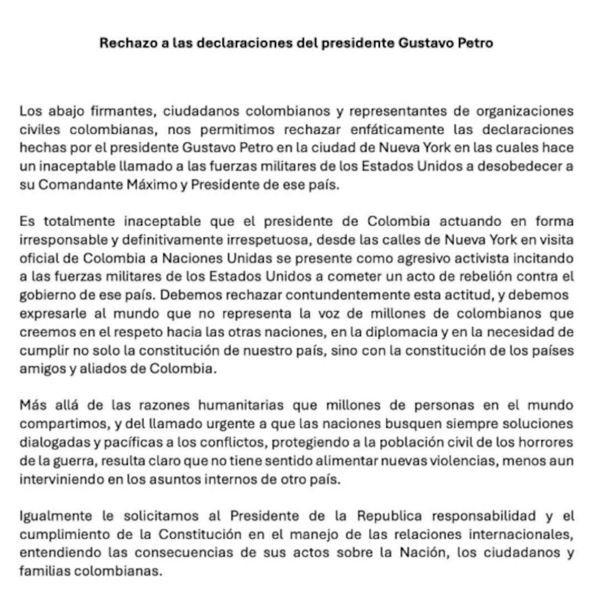 Carta en rechazo a las declaraciones del presidente Gustavo Petro