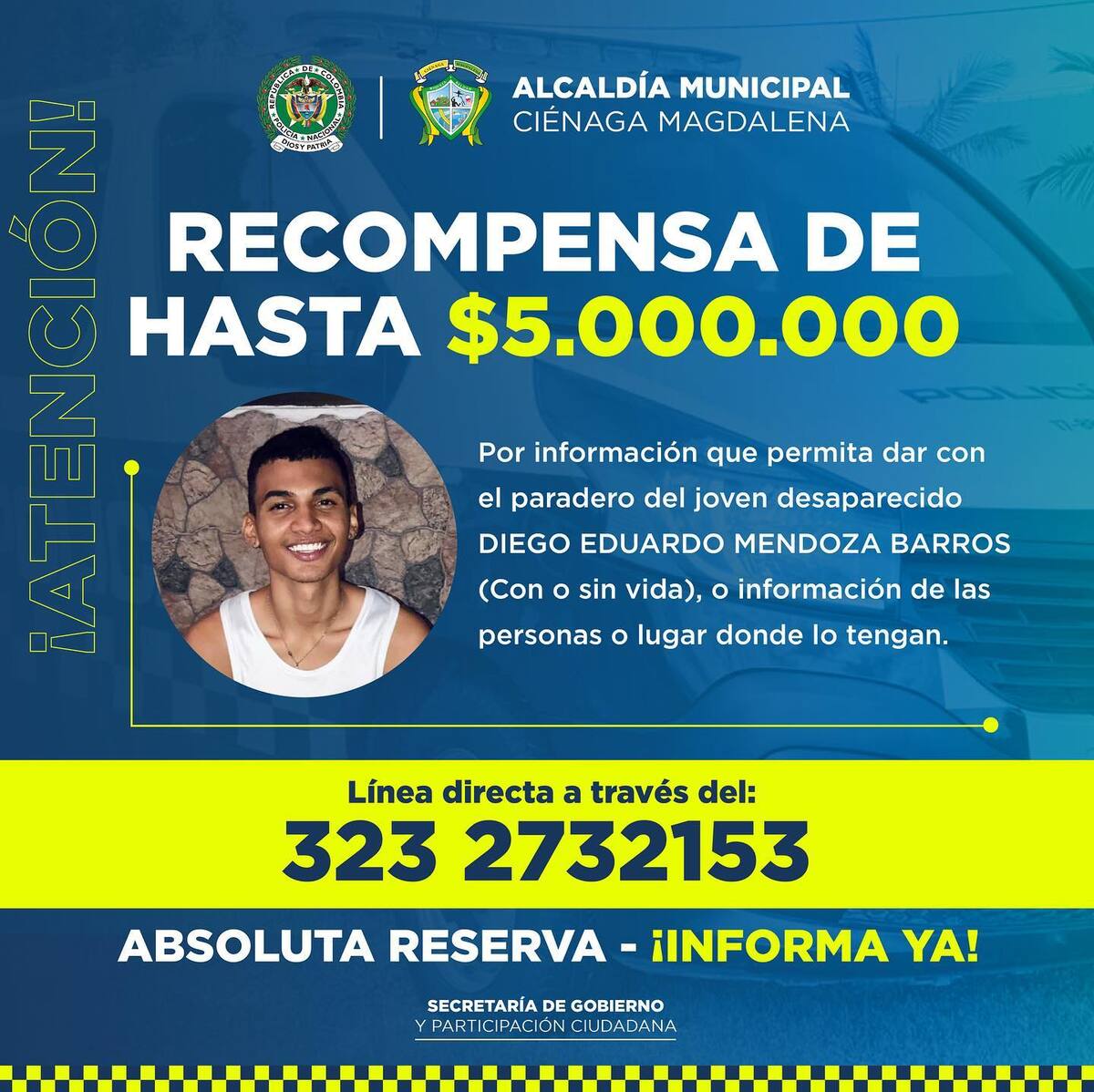 Cartel de búsqueda y recompensa de Diego Mendoza Barrios.