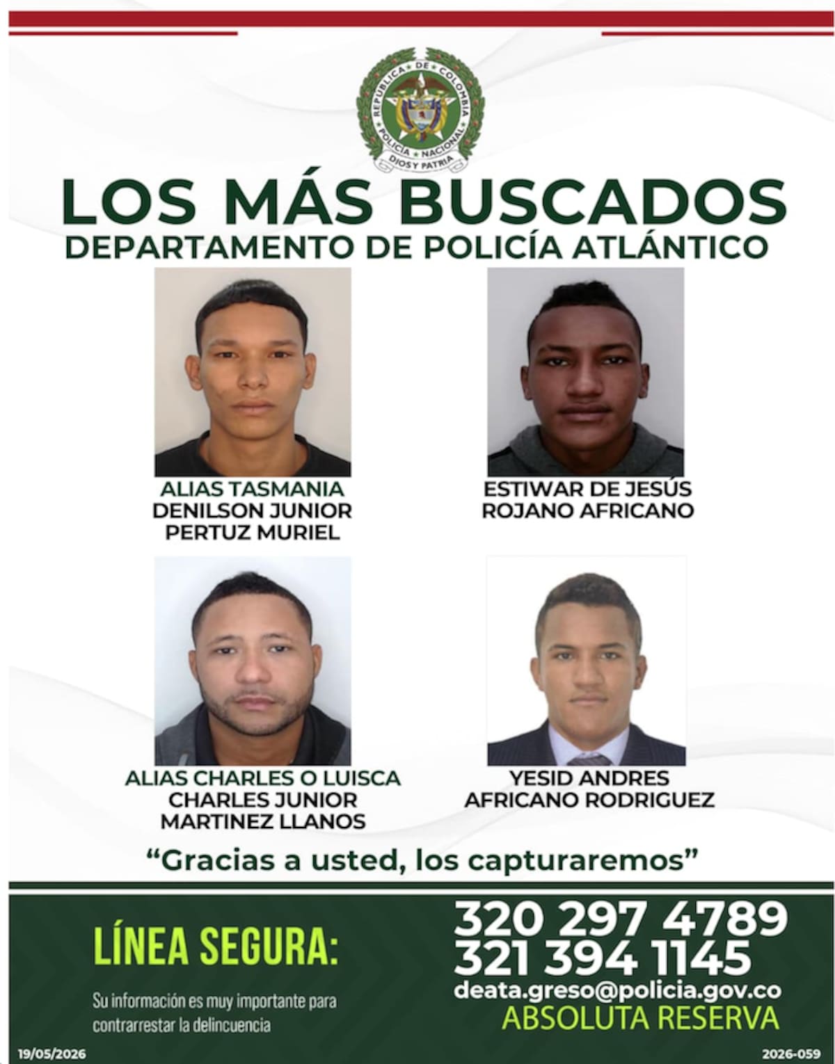 Este es el afiche de los cuatro delincuentes más buscados en el Atlántico según lo reveló el Comando Departamental de Policía. /Cortesía Policía Atlántico.