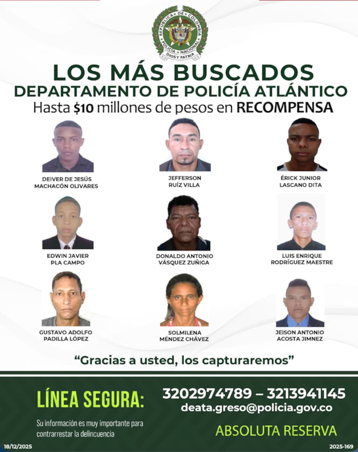 Este es el afiche de los delincuentes más buscados por la Policía Nacional en el Departamento del Atlántico.//Cortesía Policía Atlántico.