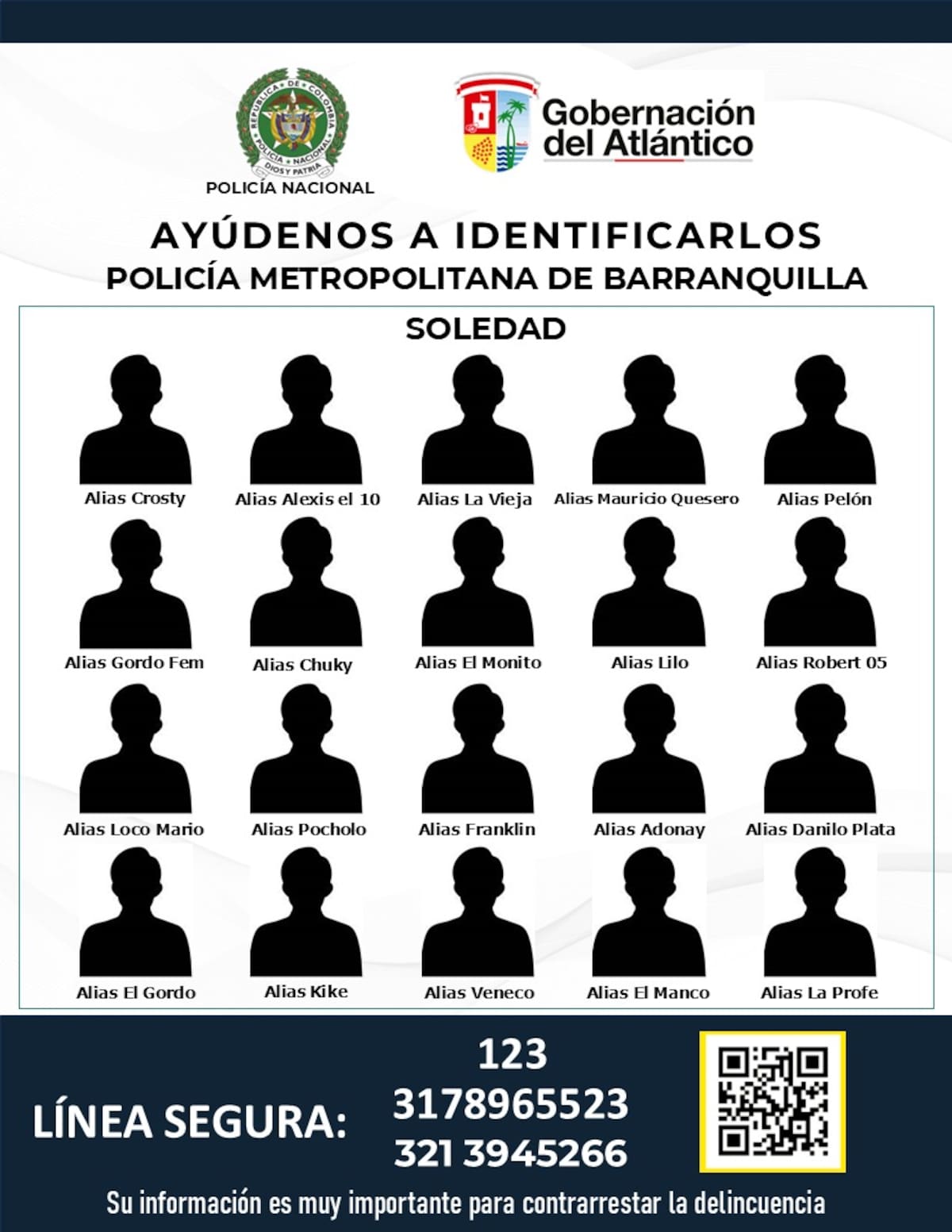 El cartel contiene 20 siluetas de personas relacionadas con hechos delictivos. //Foto suministrada por la Policía de Barranquilla.