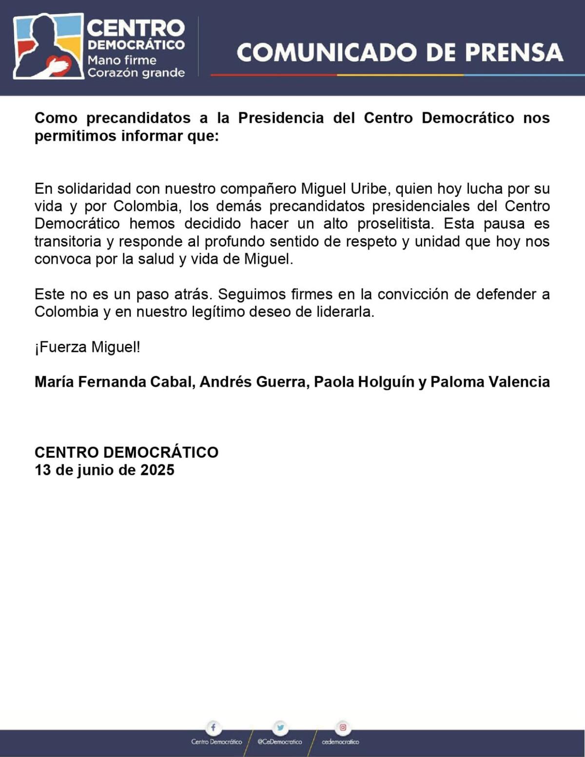 Comunicado del Centro Democrático de suspender las campañas presidenciales. // Foto: Cortesía - Centro Democrático.