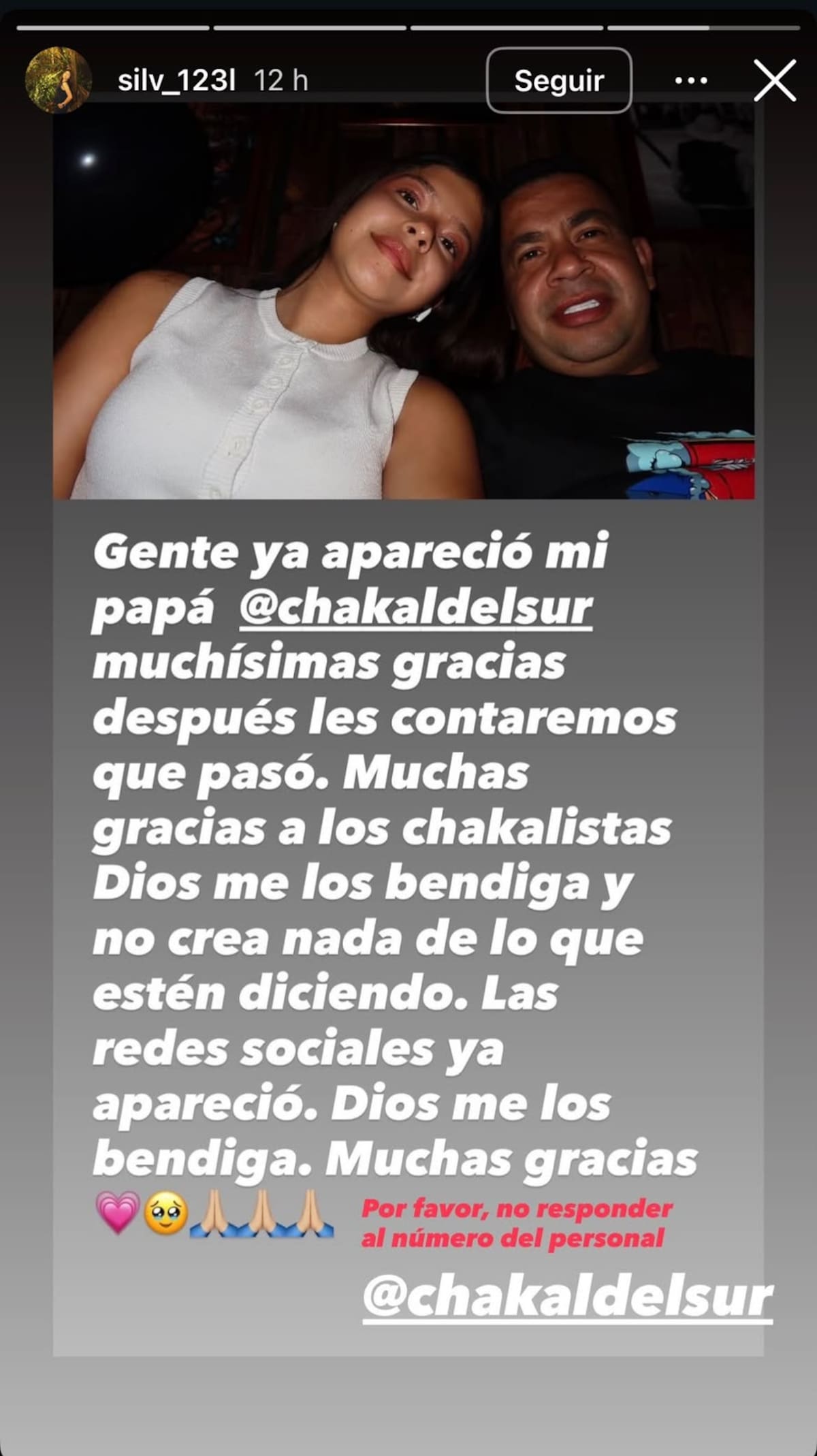 La hija del cantante confirmó que el artista ya estaba junto a su familia, después de varias horas sin comunicación.//Foto tomada de IG: @silv_123l