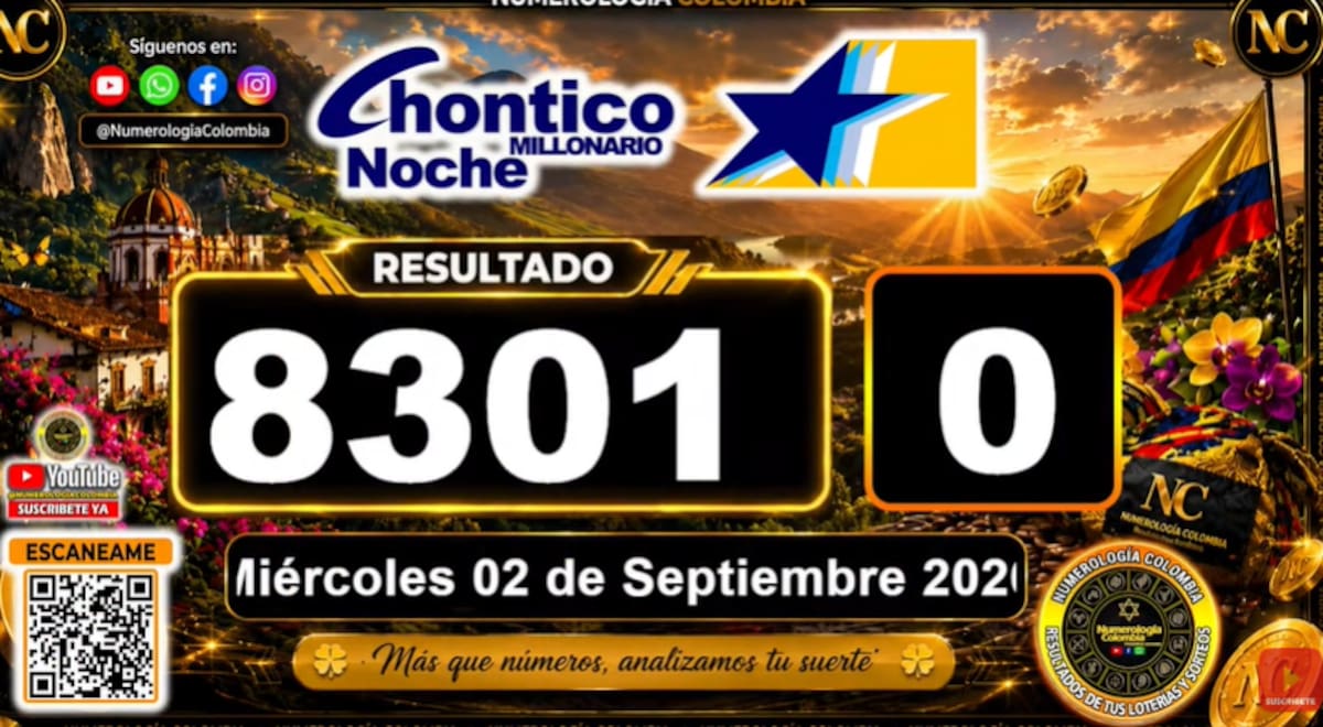 Chance Chontico Noche del 2 de septiembre de 2026. // Foto: captura de pantalla del canal de YouTube @NumerologíaColombia.