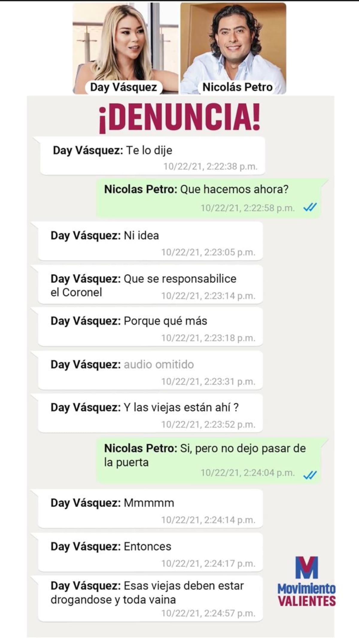 Chat difundido por Vicky Dávila que compromete al presidente Gustavo Petro. // Foto: captura de pantalla / Vanguardia