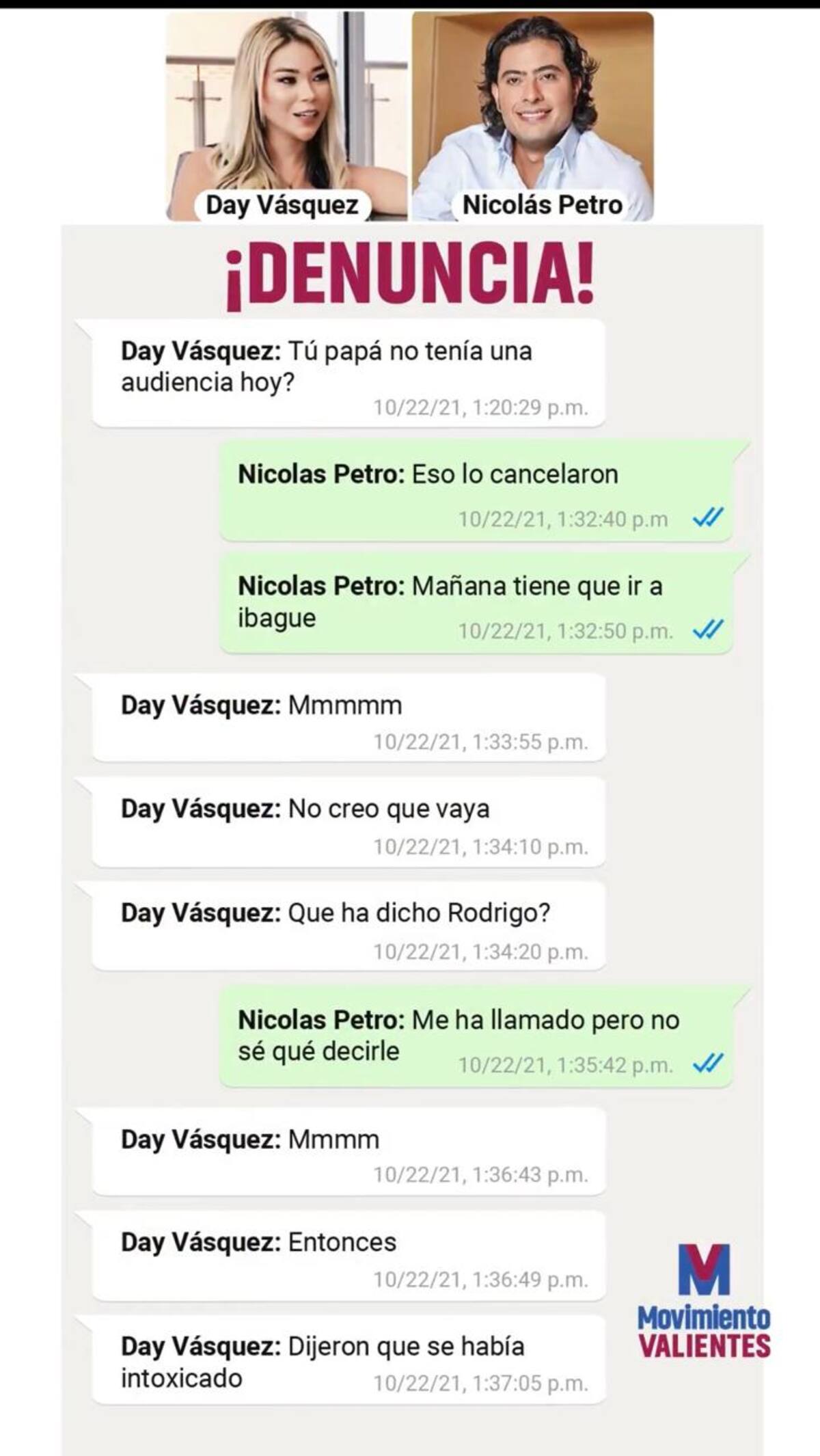Chats entre Nicolás Petro y Day Vásquez. // Foto: captura de pantalla / Vanguardia