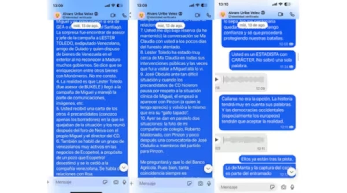 Chats privados entre José Félix Lafaurie y Álvaro Uribe. // Foto: captura de pantalla tomada de Semana.