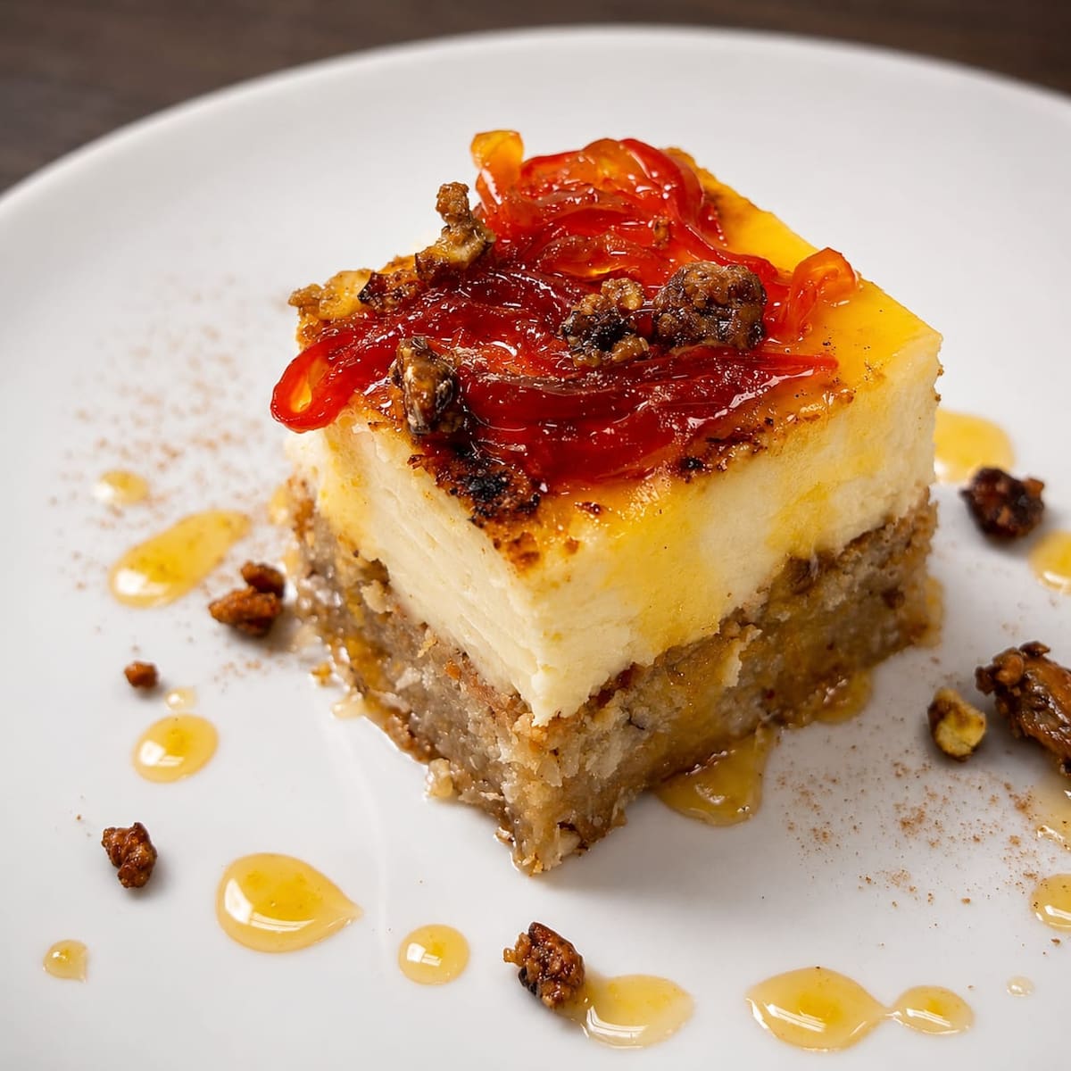 Base de enyucao, tarta de queso y suero costeño, Ají topito calado y pistachos garrapiñados, miel de cítricos. /Foto Cortesía.