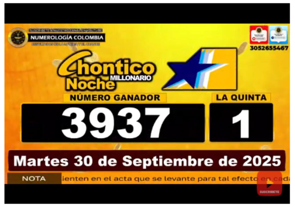 Resultados del sorteo del Chontico Noche del 30 de septiembre de 2025.