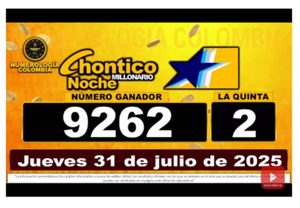 Resultados del sorteo Chontico Noche del 31 de julio de 2025.
