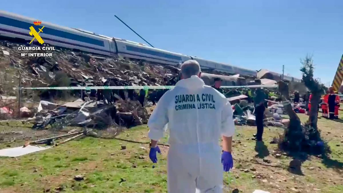 Efectivos de la Guardia Civil trabajan en el lugar en el que dos trenes de alta velocidad, uno de Renfe y otro de Iryo, han colisionado a primera hora de este miércoles a la altura de la estación de Urda (Toledo), donde al menos hay 64 fallecidos y numerosos heridos. // Foto: EFE - Guardia Civil.