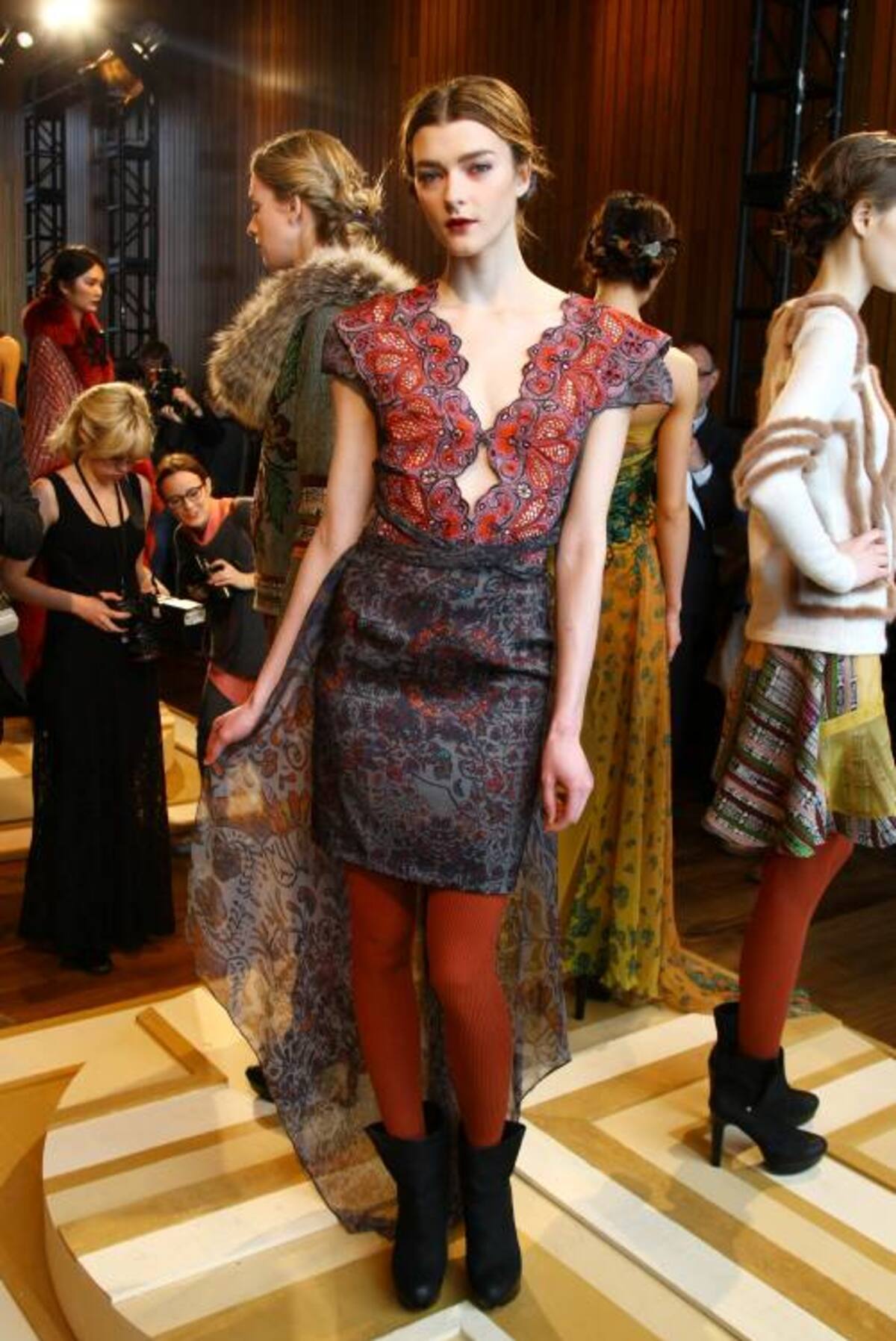 A model poses at the Christian Cota fall 2012 presentation during Mercedes-Benz Fashion Week at The Standard Hotel on February 11, 2012 in New York City. Neilson Barnard/Getty Images/AFP== FOR NEWSPAPERS, INTERNET, TELCOS & TELEVISION USE ONLY ==