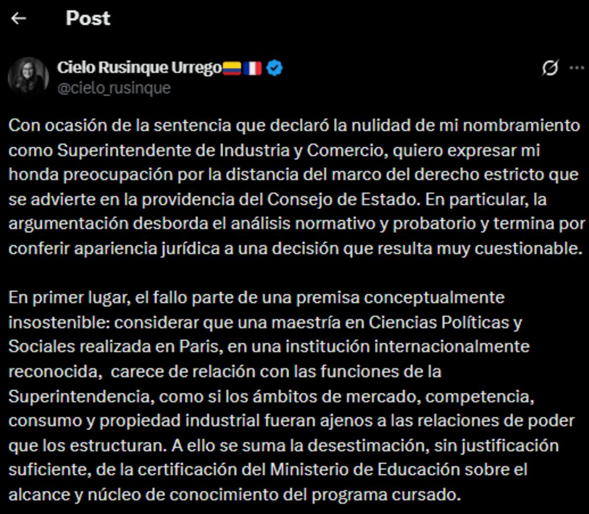 Cielo Rusinque critica fallo del Consejo de Estado y defiende su nombramiento. // Foto: captura de pantalla