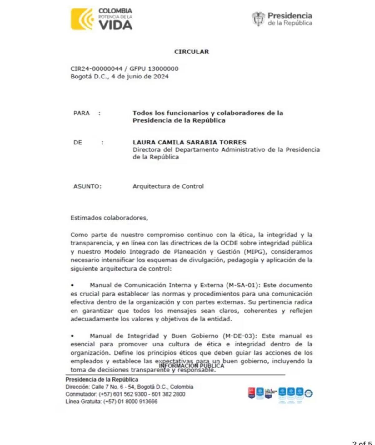 Circular emitida por la directora del Dapre, Laura Sarabia. // Captura de pantalla.