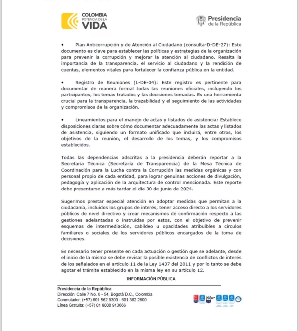 Circular emitida por la directora del Dapre, Laura Sarabia. // Captura de pantalla,