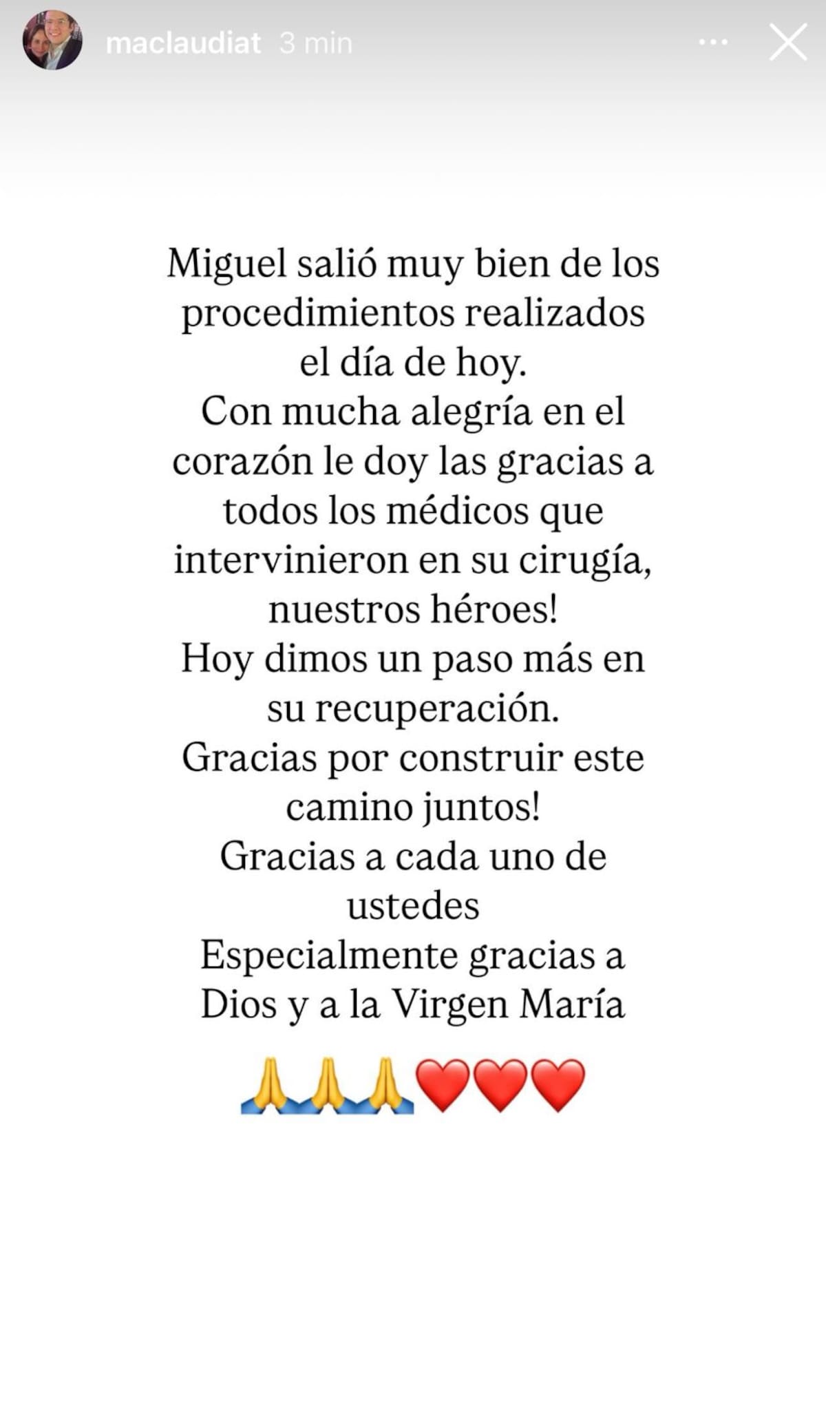 El mensaje publicado por la esposa de Miguel Uribe, María Claudia Tarazona, tras la cirugía que se le realizó al político. // Foto: captura de pantalla.