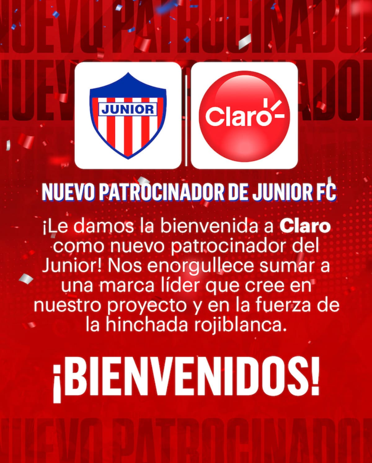 Afiche donde Junior de Barranquilla confirma la llegada de Claro como nuevo patrocinador del equipo.//Cortesía @JuniorClubSA.