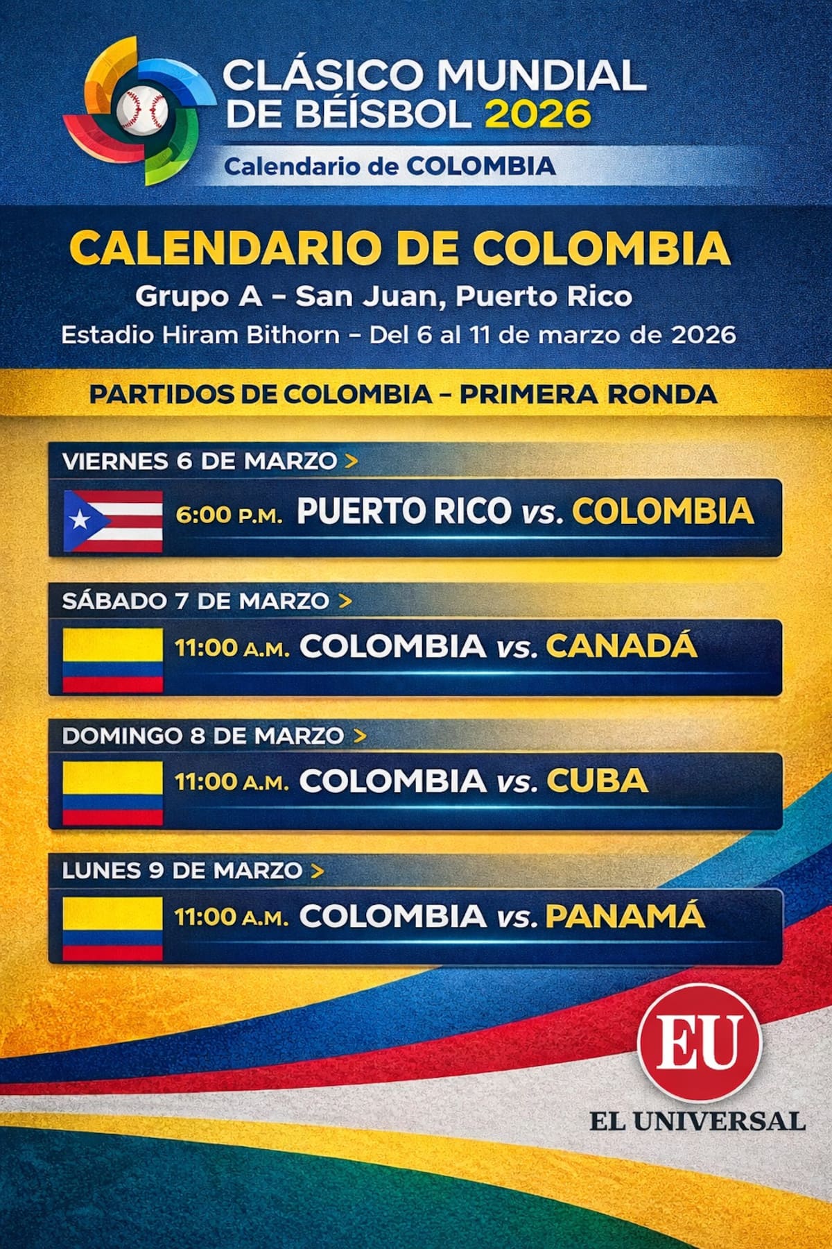 Calendario para los partidos de Colombia en el Clásico Mundial de Béisbol. //El Universal.