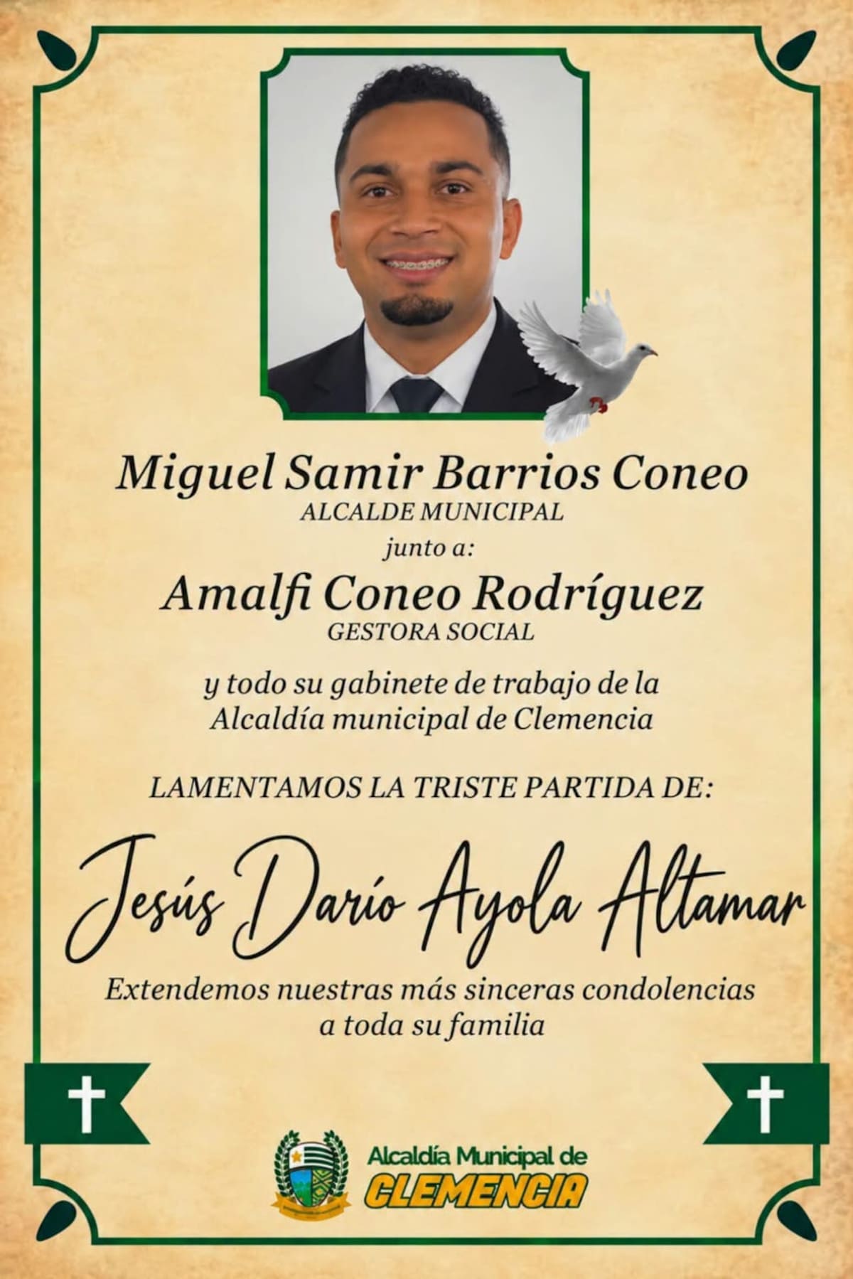 Comunicado de la Alcaldía de Clemencia por el acto violento // Foto: cortesía.