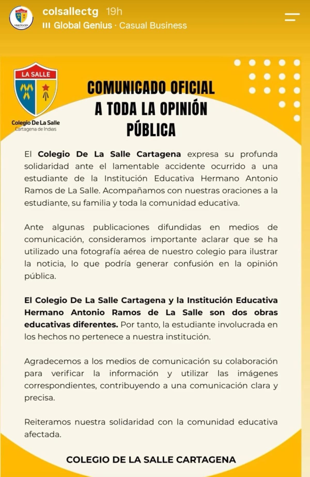 Colegio privado La Salle Cartagena aclara que no está vinculado al caso. // captura de pantalla