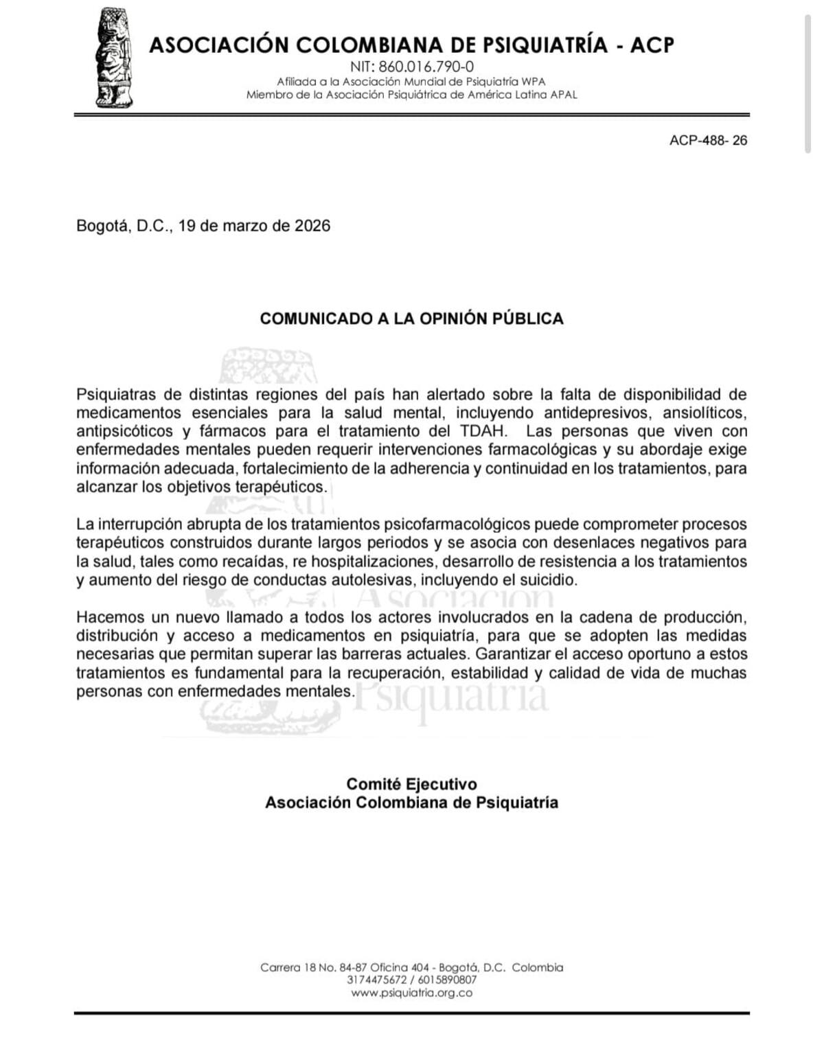 Comunicado emitido por la Asociación Colombiana de Psiquiatría emitió una alerta frente a la escasez de medicamentos.