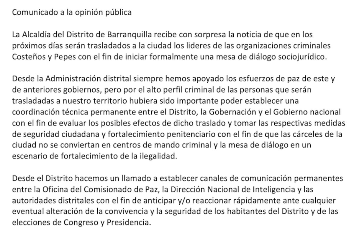 Comunicado Alcaldia de Barranquilla.//Cortesía Alcaldía Distrital.