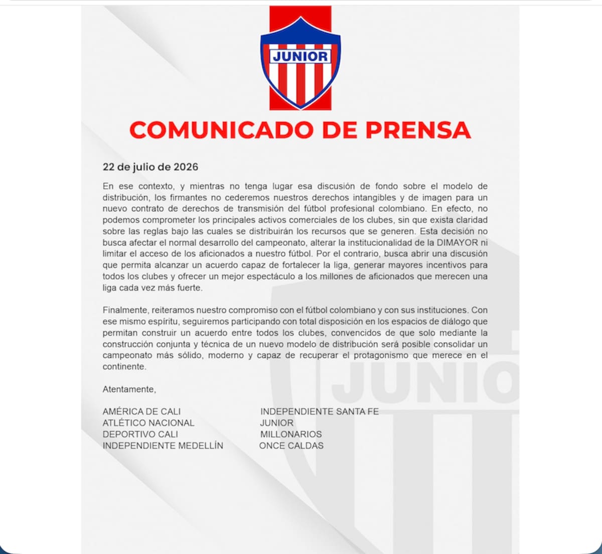Segunda parte del comunicado emitido por los clubes Junior de Barranquilla, América de Cali, Deportivo Cali, Millonarios, Atlético Nacional, Independiente Medellín, Independiente Santa Fe y Once Caldas//Cortesía @JuniorClubSA.