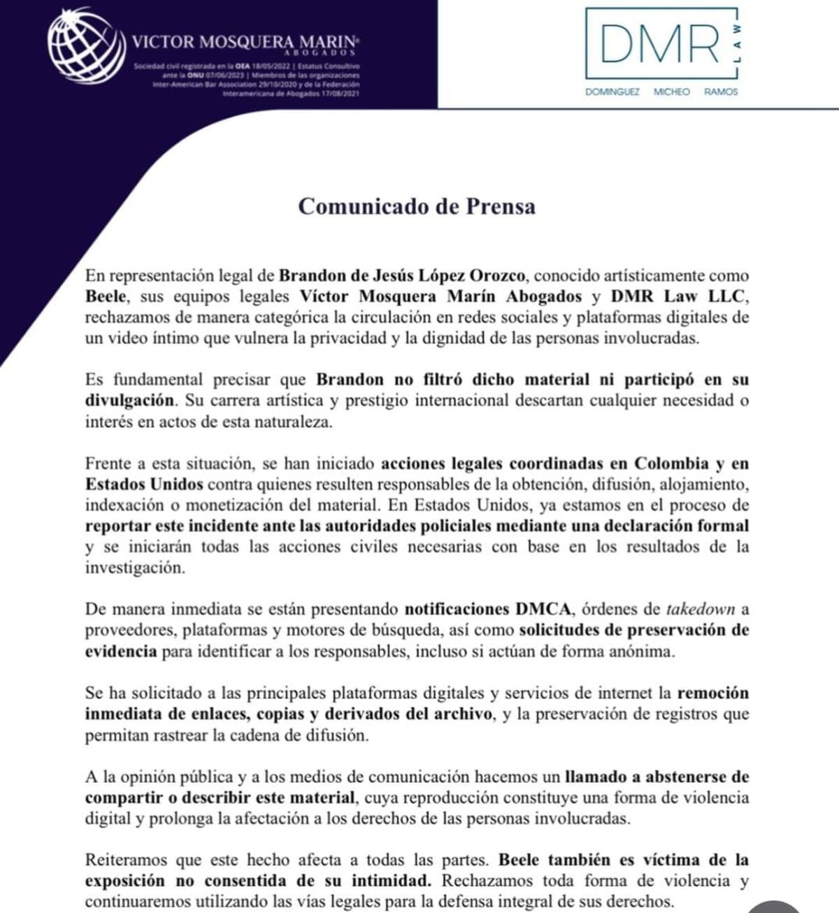 Comunicado de abogados de Beéle