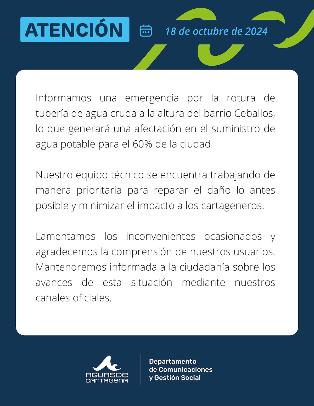 Comunicado de Aguas de Cartagena. // Cortesía