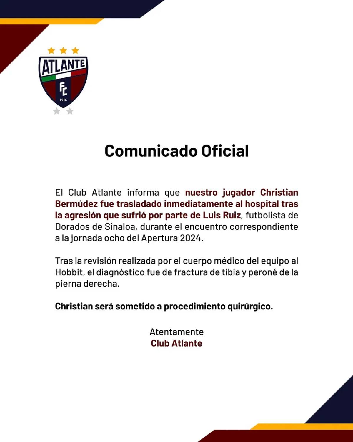 Comunicado de Atlante sobre lesión de Christian ‘Hobbit’ Bermúdez.
