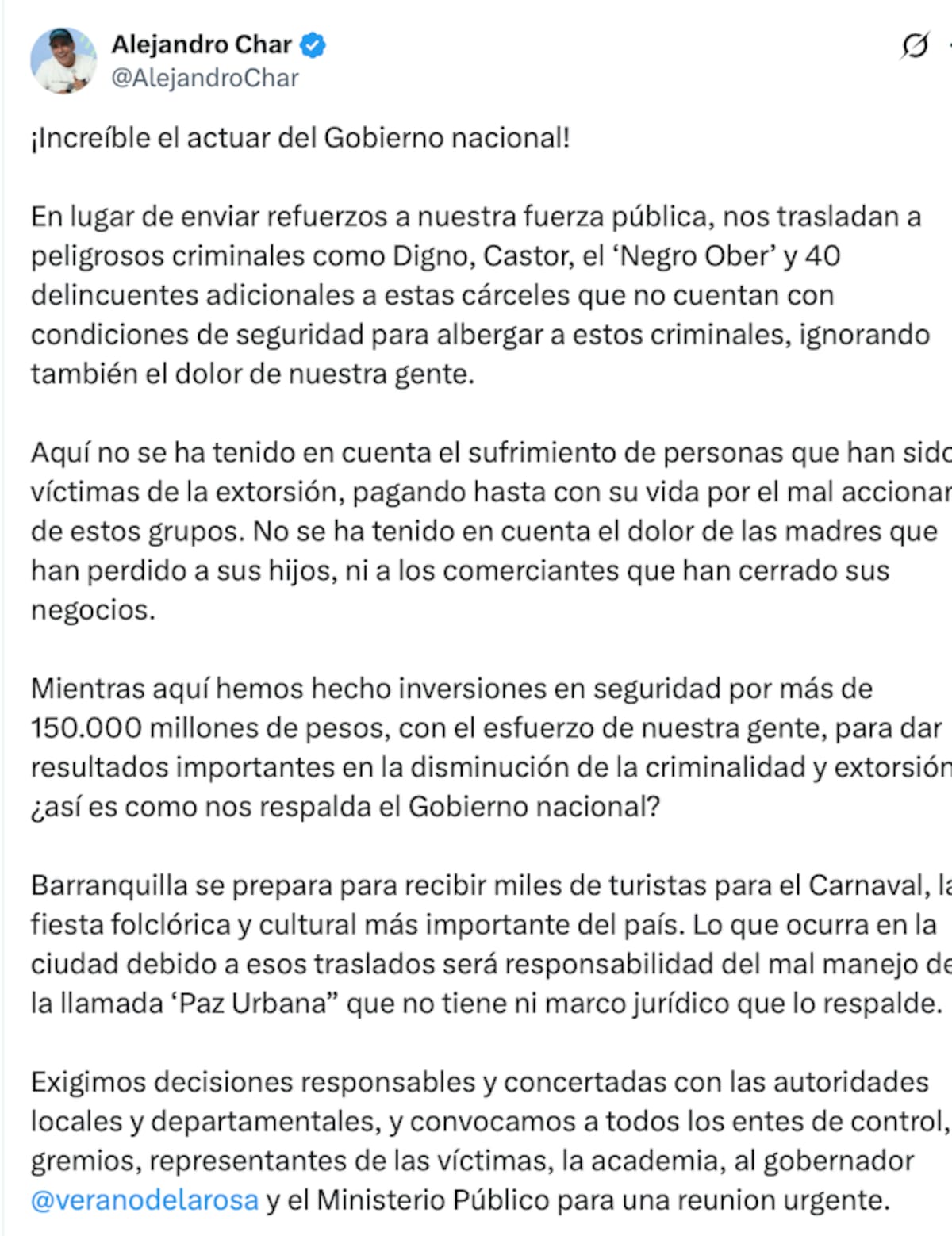 Mediante este comunicado el alcalde Alejandro Char, se mostró en desacuerdo con el manejo que le está dando el Gobierno de Gustavo Petro a la 'Paz Urbana' en Barranquilla.//Captura de pantalla.