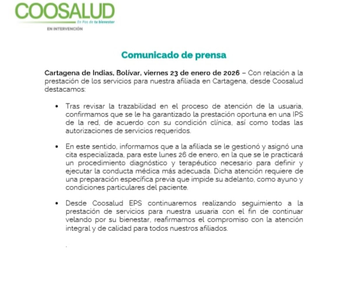 Comunicado de la EPS Coosalud. // Foto: cortesía Coosalud
