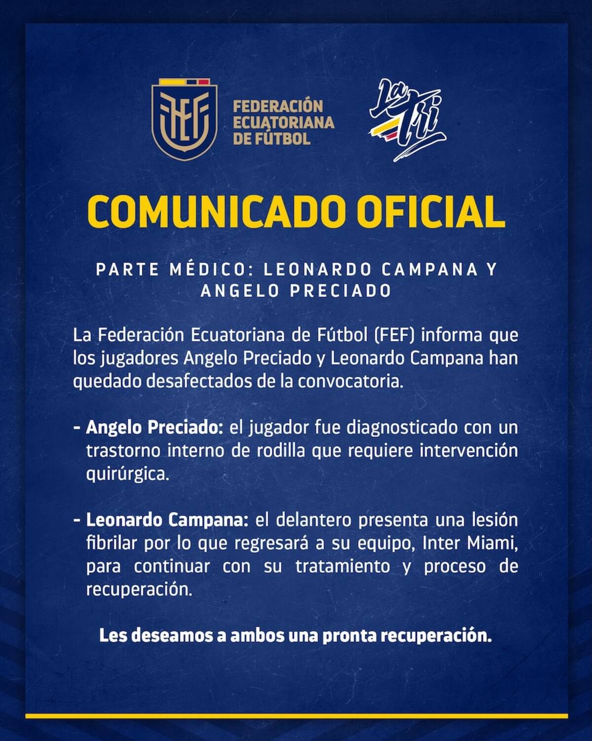 Este es el comunicado emitido por la Federacion Ecuatoriana de Fútbol donde da a conocer la baja de dos de sus jugadores por lesiones.//Cortesía.